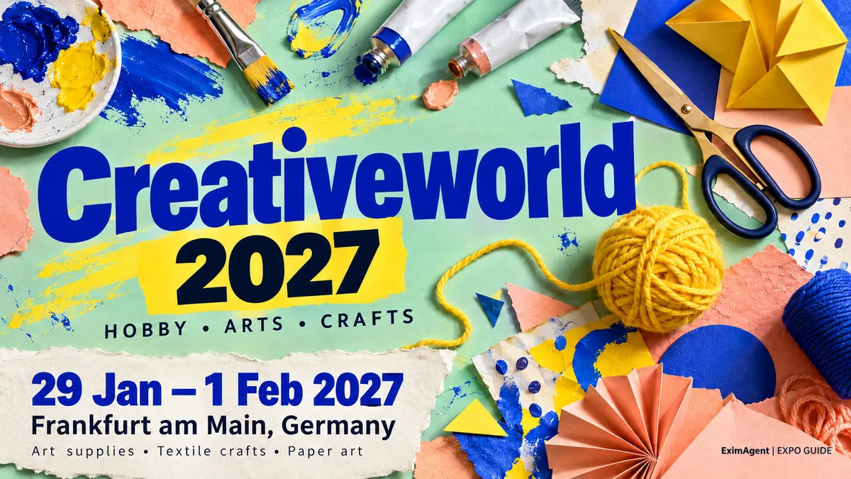 Creativeworld 2027 trade show card: Frankfurt am Main, 29 January to 1 February 2027, home, gifts and interiors (AI-generated illustration)