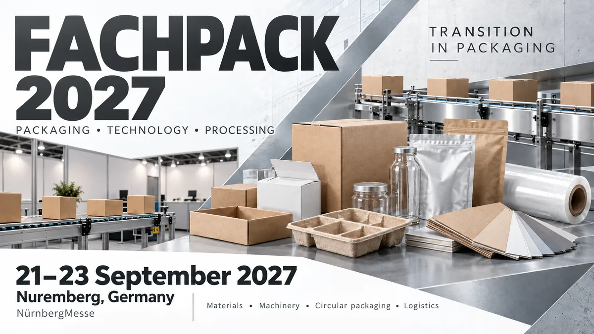 FACHPACK 2027 trade show card: Nuremberg, 21 to 23 September 2027, packaging (AI-generated illustration)