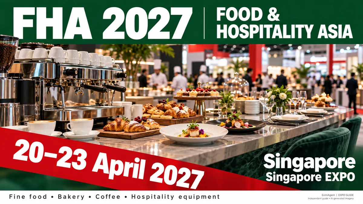 FHA – Food & Hospitality Asia 2027 trade show card: Singapore, 20 to 23 April 2027, food and beverage (AI-generated illustration)