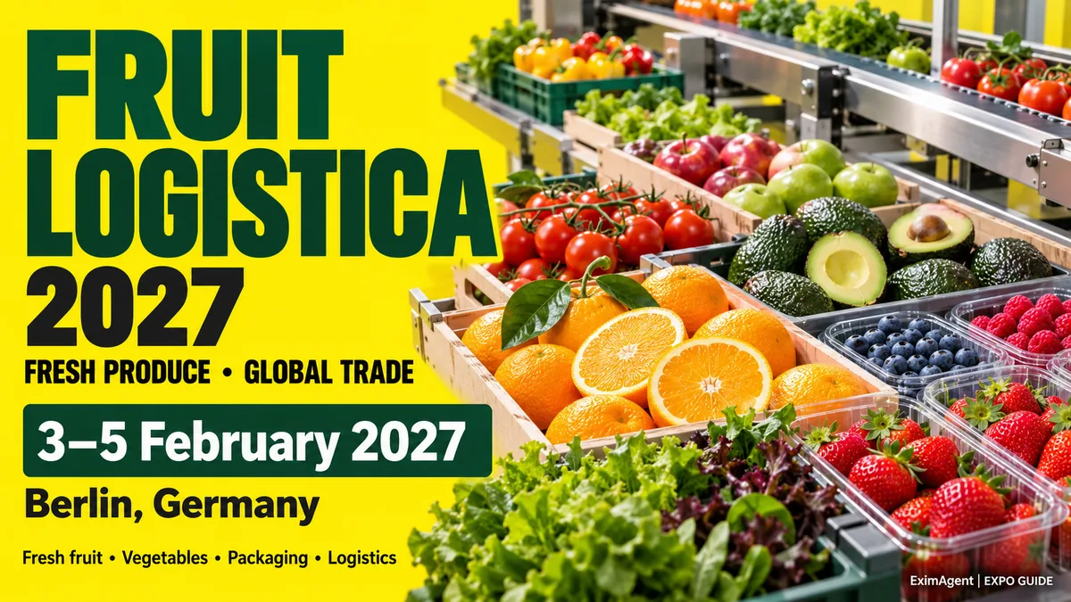 FRUIT LOGISTICA 2027 trade show card: Berlin, 3 to 5 February 2027, food and beverage (AI-generated illustration)