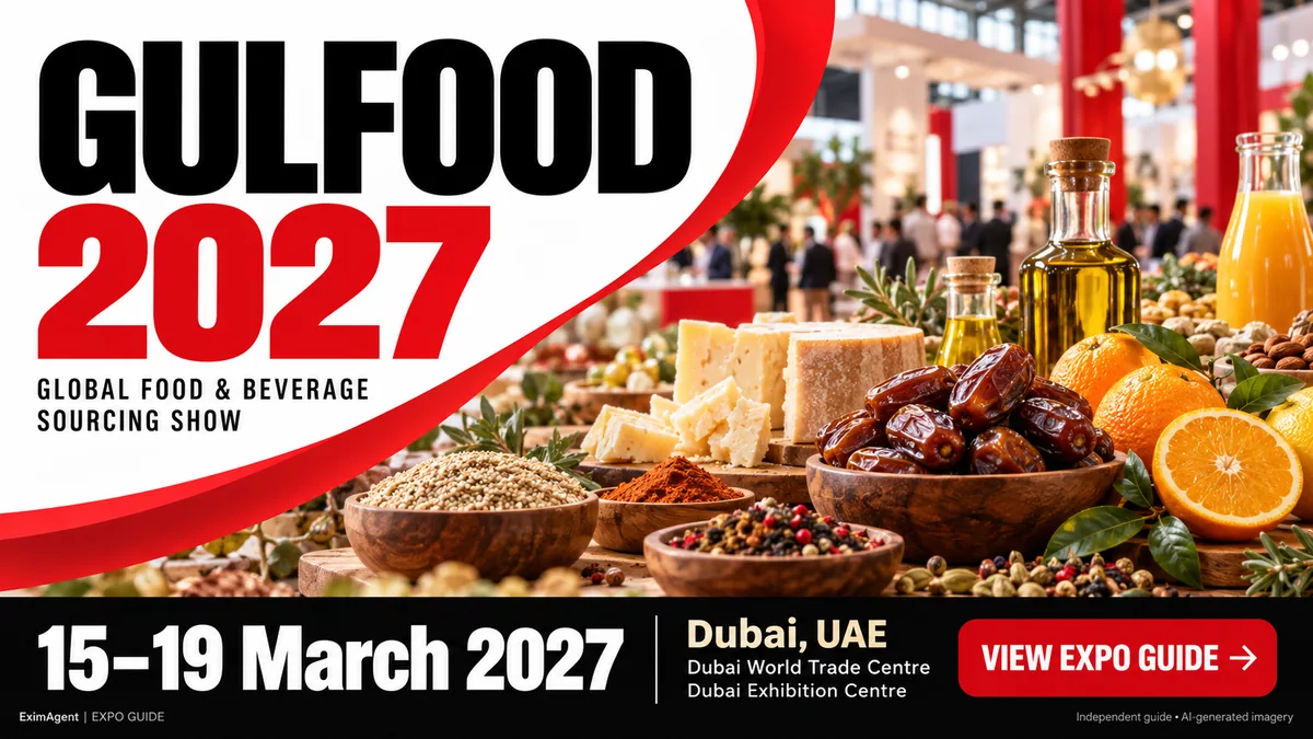 Gulfood 2027 trade show card: Dubai, 15 to 19 March 2027, food and beverage (AI-generated illustration)