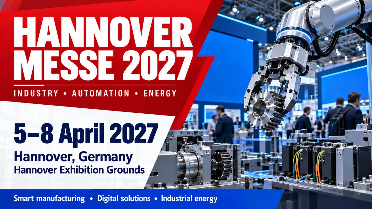 HANNOVER MESSE 2027 trade show card: Hannover, 5 to 8 April 2027, industry and manufacturing (AI-generated illustration)