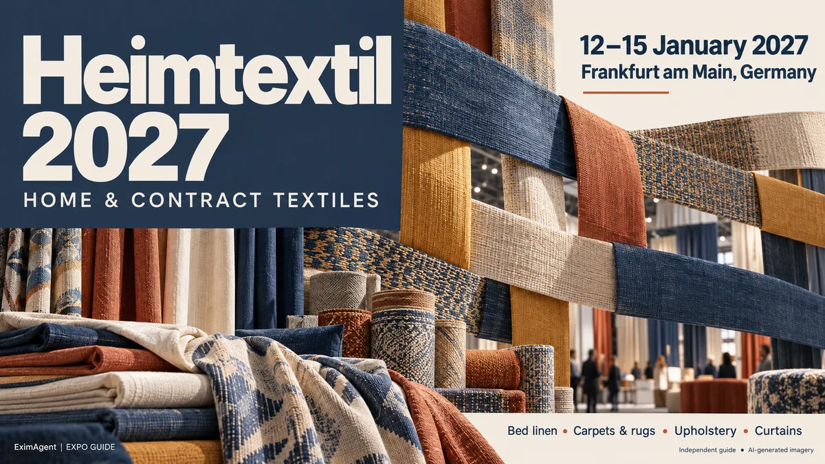 Heimtextil 2027 trade show card: Frankfurt am Main, 12 to 15 January 2027, home, gifts and interiors (AI-generated illustration)