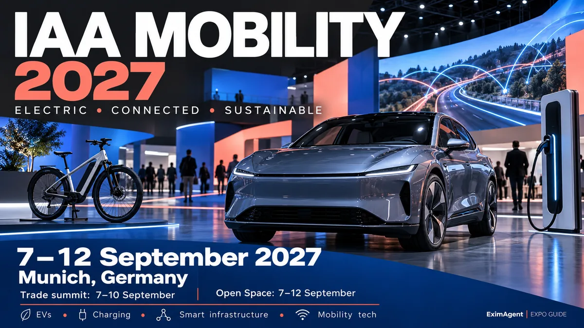 IAA MOBILITY 2027 trade show card: Munich, 7 to 12 September 2027, automotive and mobility (AI-generated illustration)