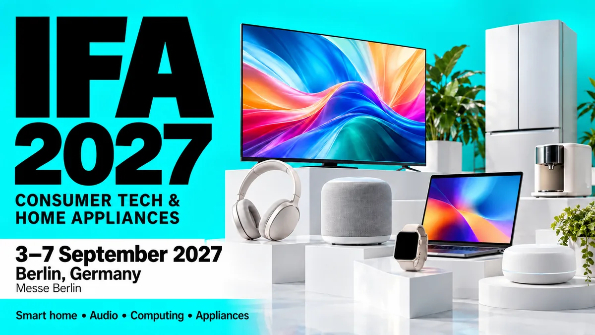 IFA 2027 trade show card: Berlin, 3 to 7 September 2027, technology and electronics (AI-generated illustration)