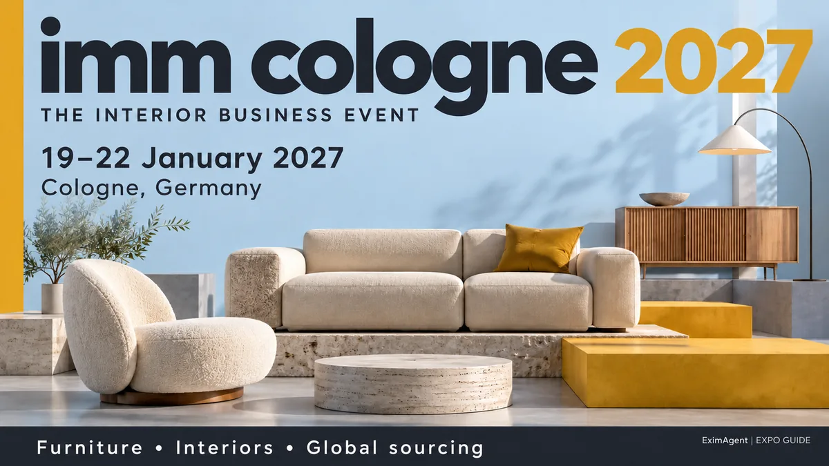 imm cologne 2027 trade show card: Cologne, 19 to 22 January 2027, home, gifts and interiors (AI-generated illustration)