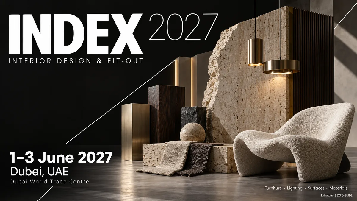 INDEX 2027 trade show card: Dubai, 1 to 3 June 2027, home, gifts and interiors (AI-generated illustration)