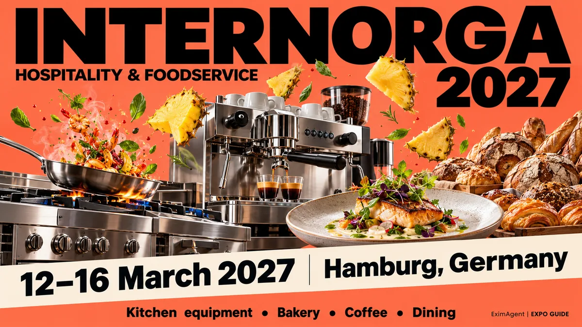 INTERNORGA 2027 trade show card: Hamburg, 12 to 16 March 2027, hospitality and foodservice (AI-generated illustration)