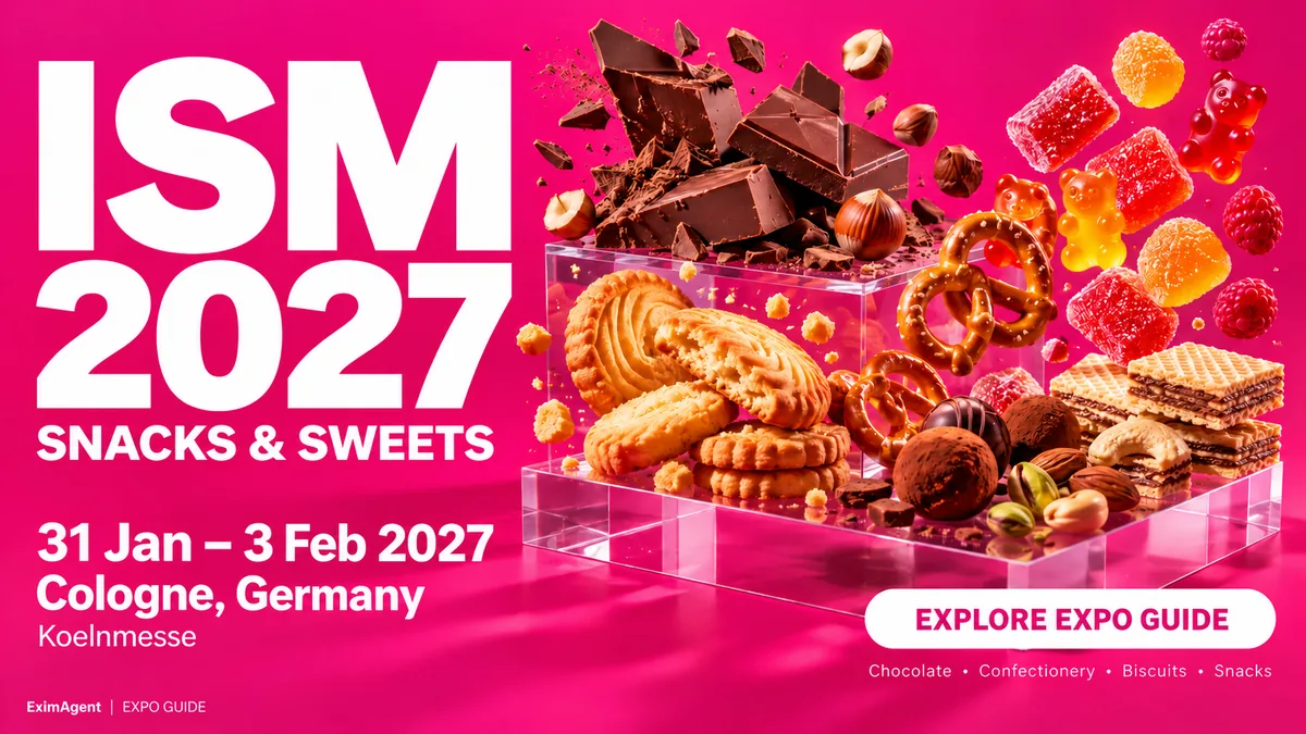 ISM Snacks & Sweets 2027 trade show card: Cologne, 31 January to 3 February 2027, food and beverage (AI-generated illustration)