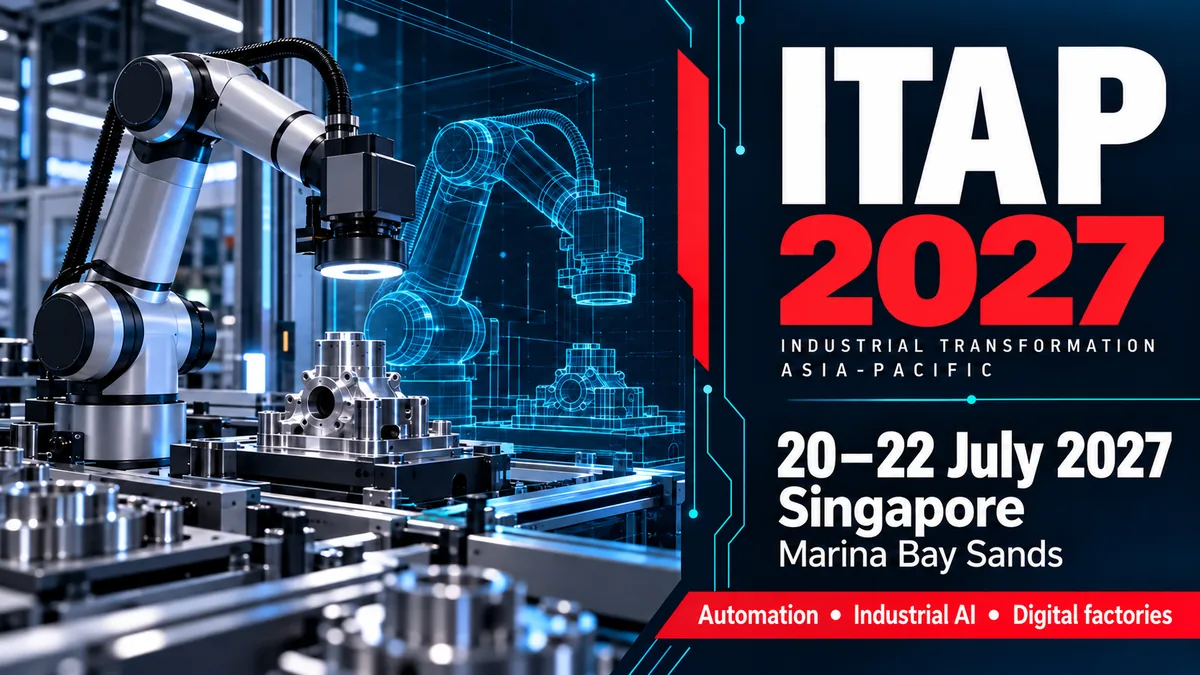 ITAP 2027 trade show card: Singapore, 20 to 22 July 2027, industry and manufacturing (AI-generated illustration)