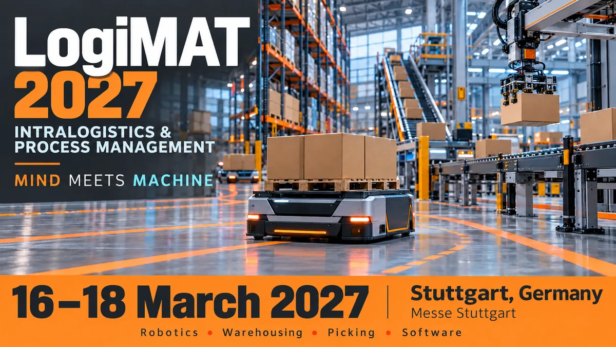 LogiMAT 2027 trade show card: Stuttgart, 16 to 18 March 2027, logistics and transport (AI-generated illustration)