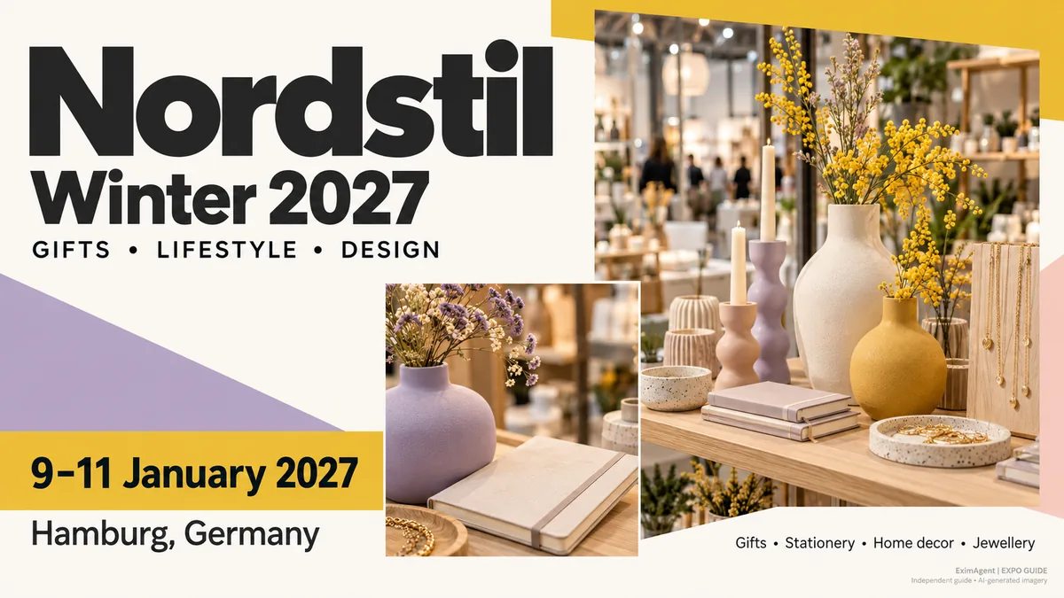Nordstil Winter 2027 trade show card: Hamburg, 9 to 11 January 2027, home, gifts and interiors (AI-generated illustration)