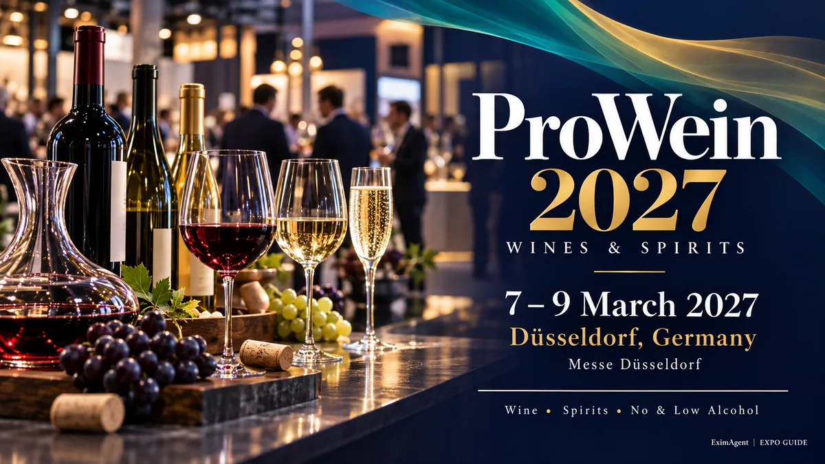 ProWein 2027 trade show card: Düsseldorf, 7 to 9 March 2027, food and beverage (AI-generated illustration)