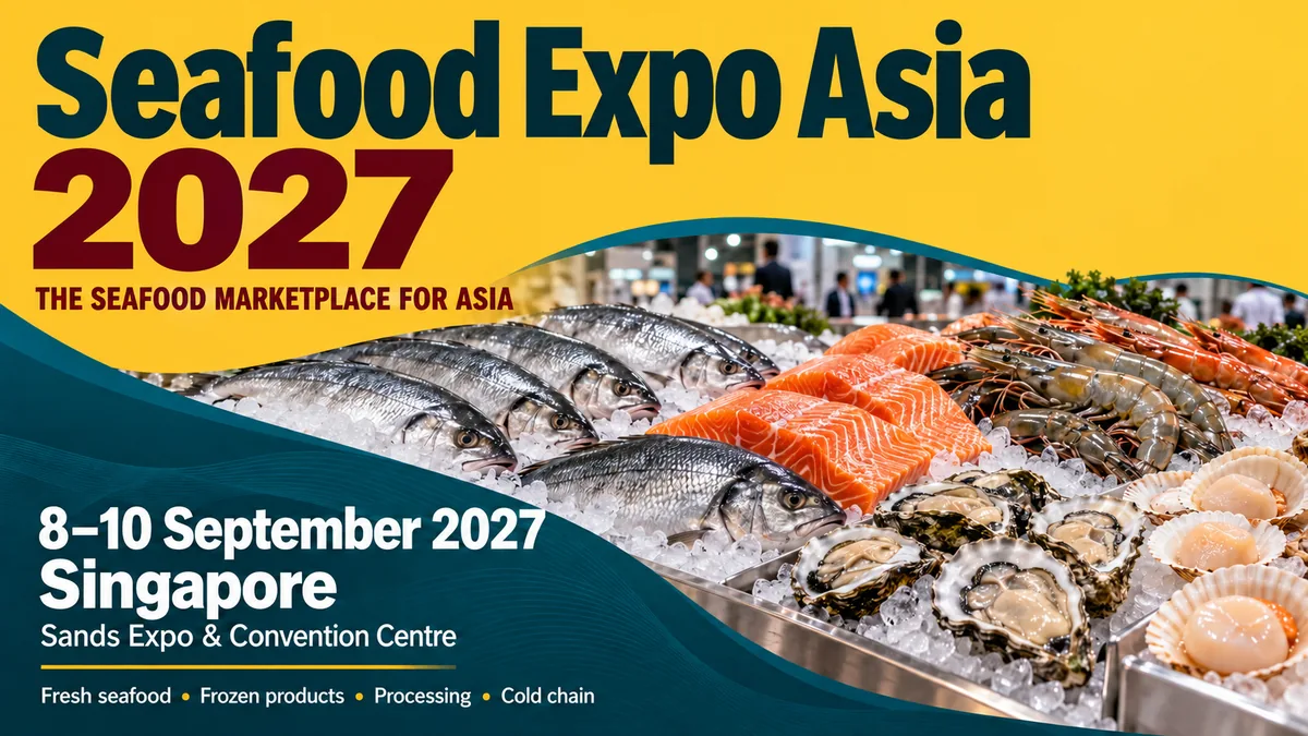 Seafood Expo Asia 2027 trade show card: Singapore, 8 to 10 September 2027, food and beverage (AI-generated illustration)