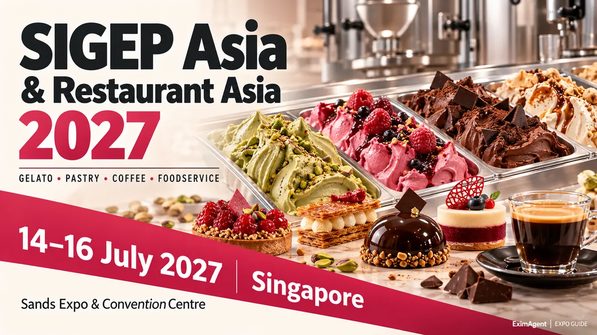 SIGEP Asia & Restaurant Asia 2027 trade show card: Singapore, 14 to 16 July 2027, hospitality and foodservice (AI-generated illustration)