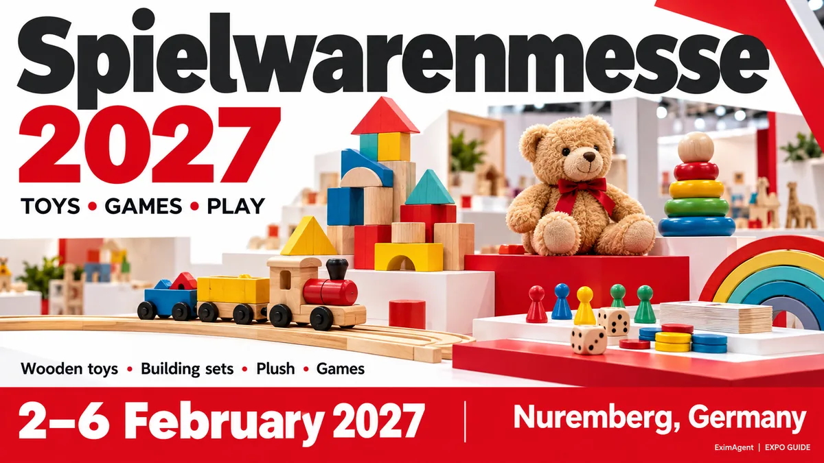 Spielwarenmesse 2027 trade show card: Nuremberg, 2 to 6 February 2027, toys and leisure (AI-generated illustration)