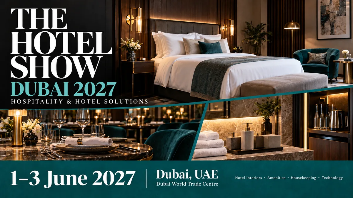 The Hotel Show Dubai 2027 trade show card: Dubai, 1 to 3 June 2027, hospitality and foodservice (AI-generated illustration)