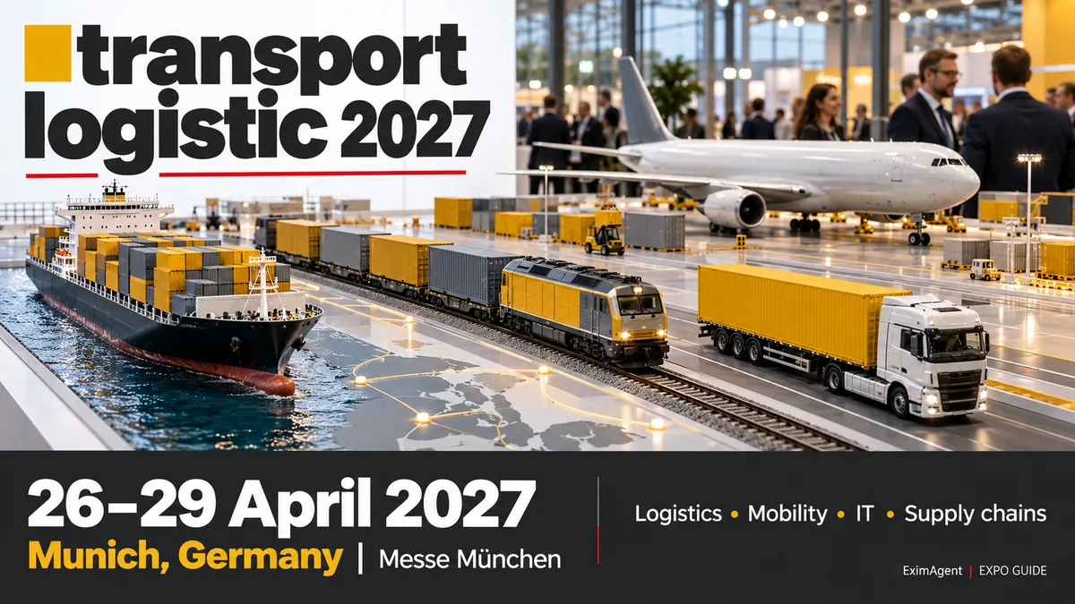 transport logistic 2027 trade show card: Munich, 26 to 29 April 2027, logistics and transport (AI-generated illustration)