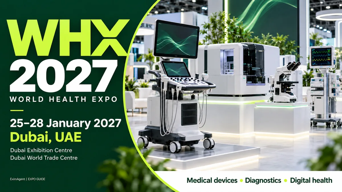 WHX 2027 trade show card: Dubai, 25 to 28 January 2027, healthcare and medical (AI-generated illustration)